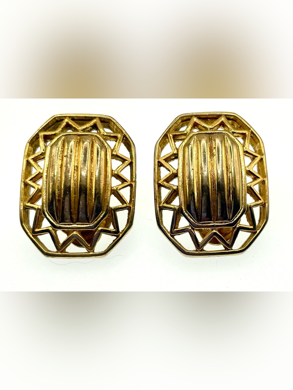 Vintage 80s Gold Tone Geometric Clip On Earrings Openwork Art Deco Style